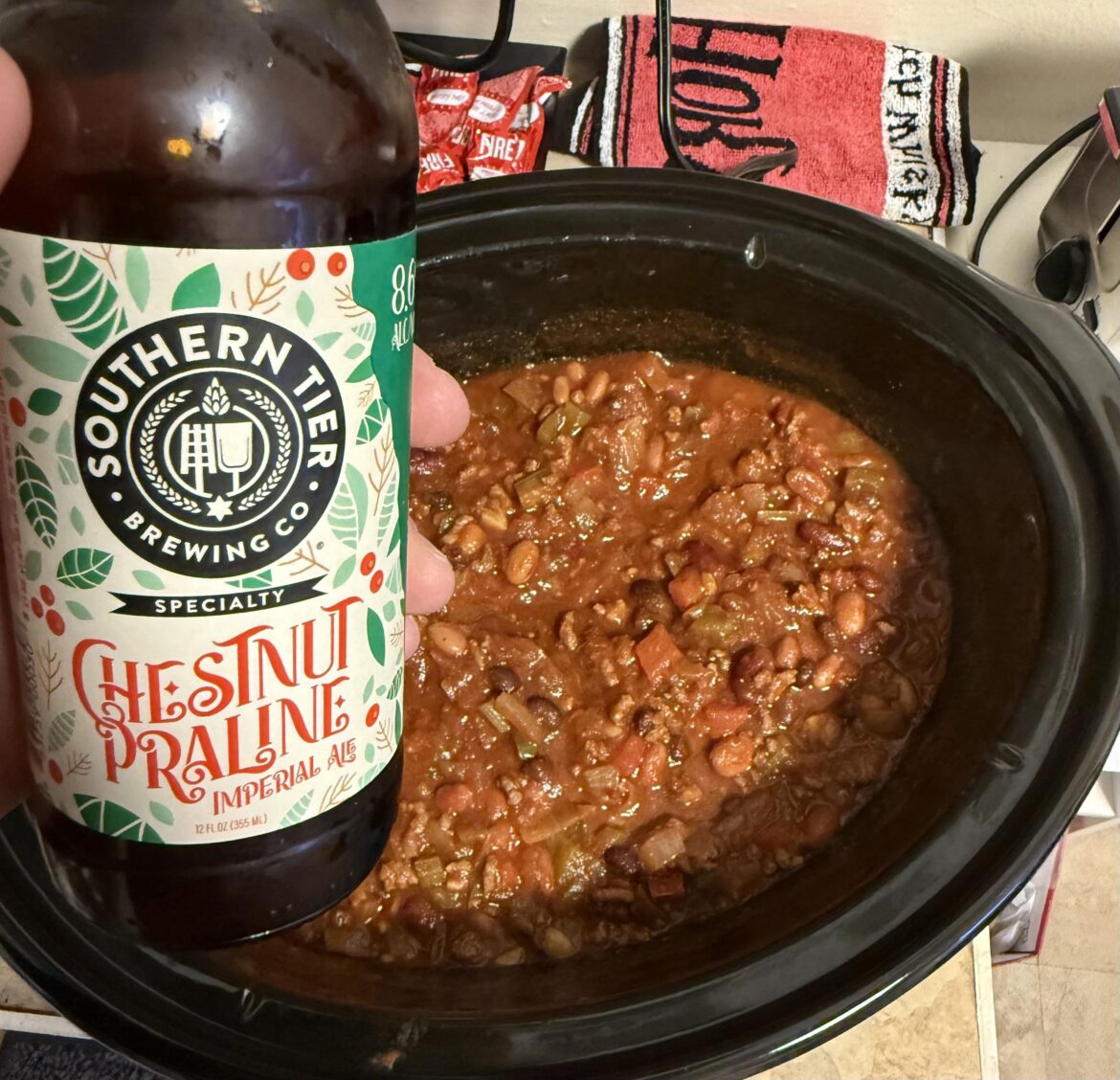 Leftover holiday ale, added to basic chili