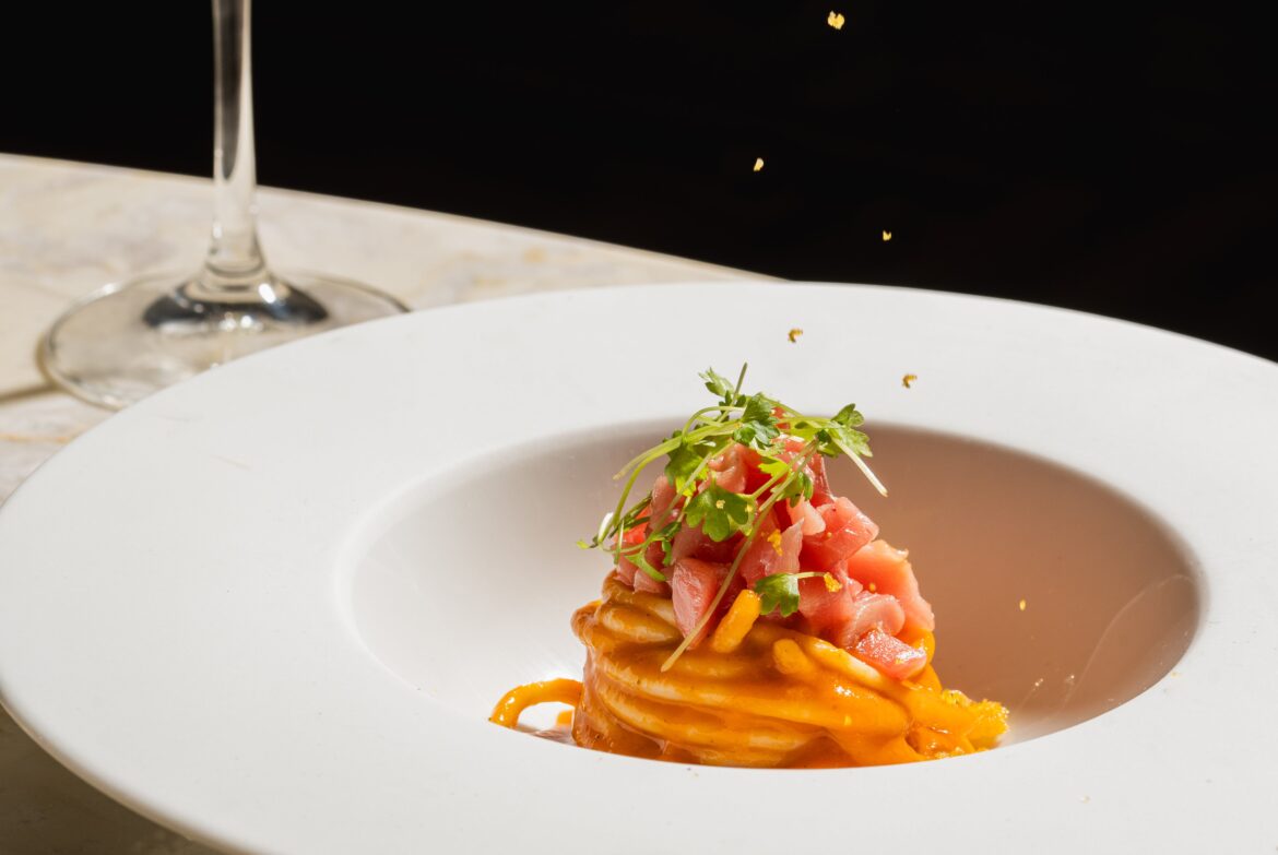 Chilled Spaghetto Freddo with Tuna Tartare and Tomato Crumbs