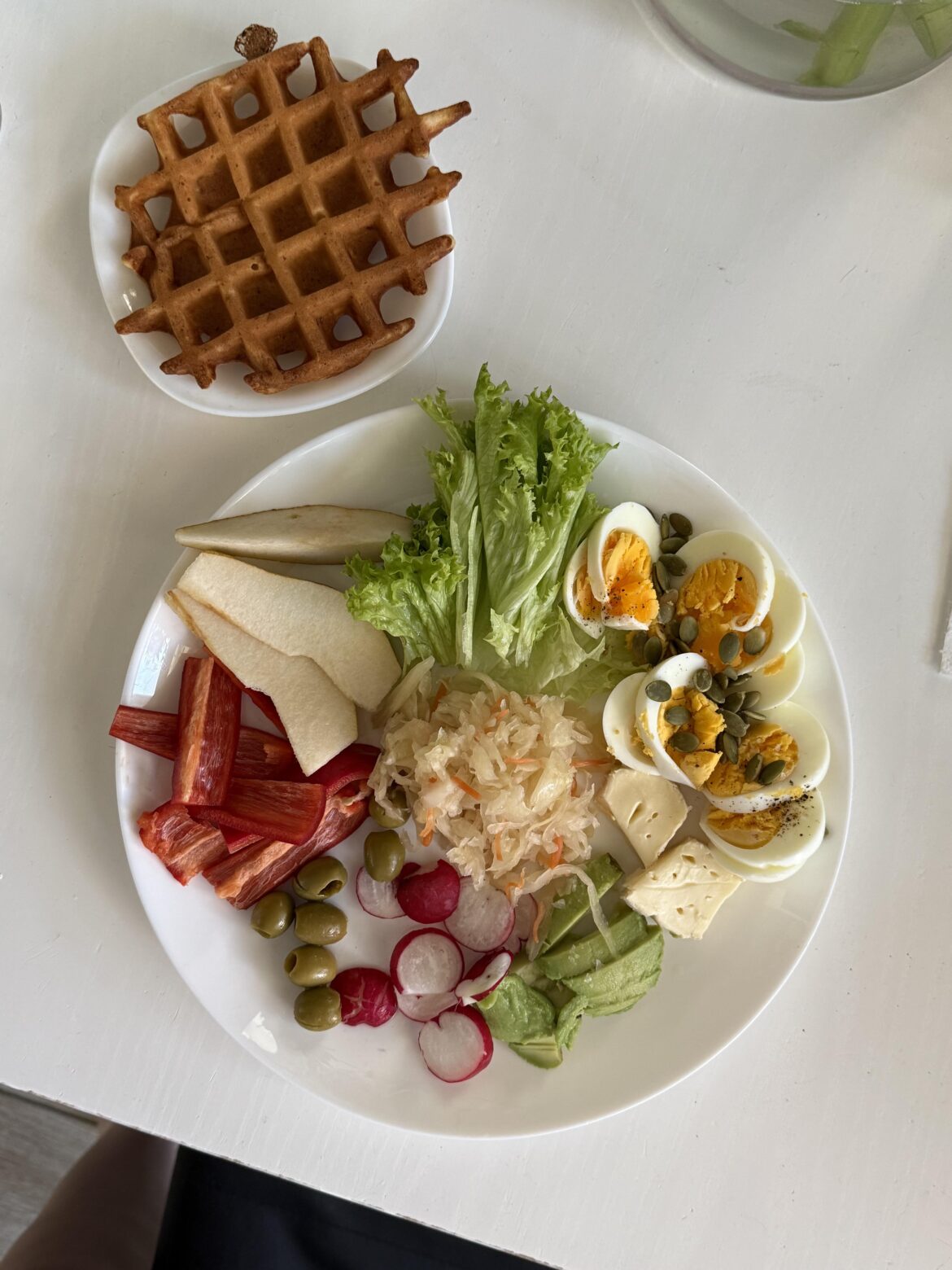 Colorful breakfast with homemade buckwheat waffle