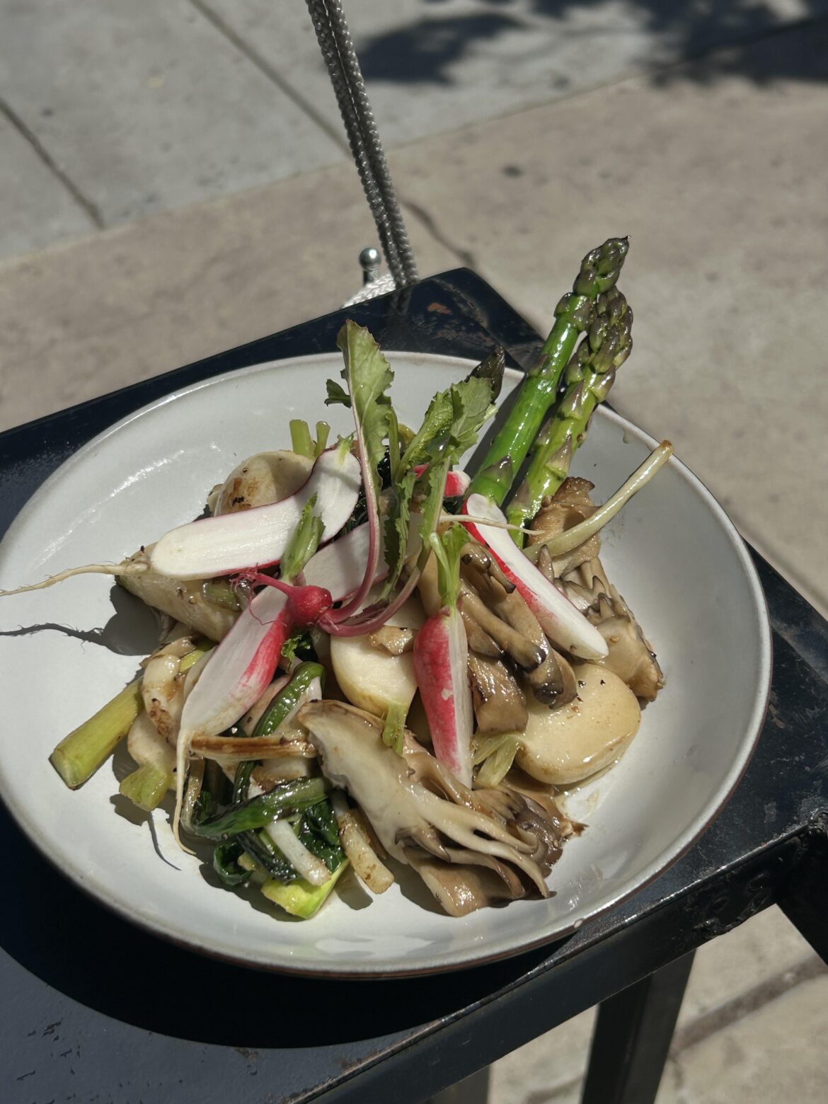 Wild Ramps, breakfast radish, local asparagus, Maitake, turnips