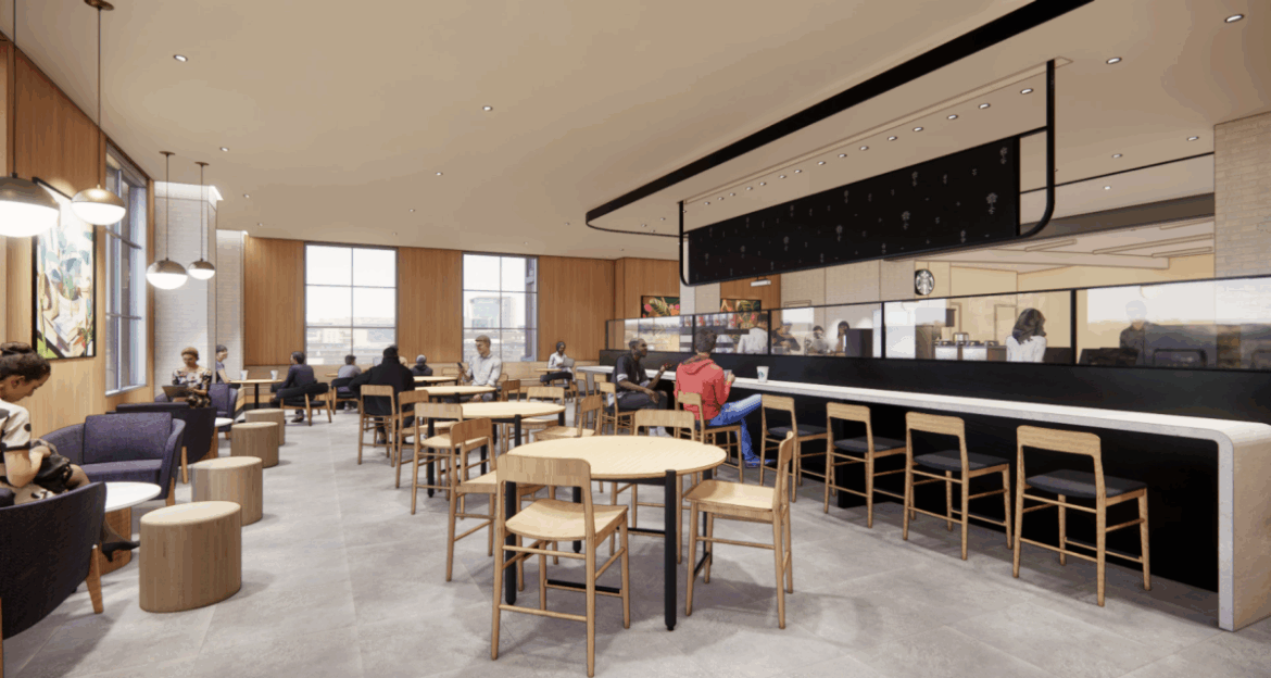 Renderings preview the new full-service Starbucks coming to TCU this fall. The space will feature a modern design and plenty of seating. (Courtesy of TCU Dining)