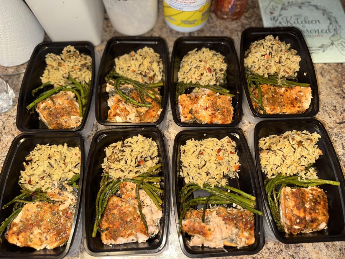 honey ginger glazed salmon, garlic herb rice and asparagus
