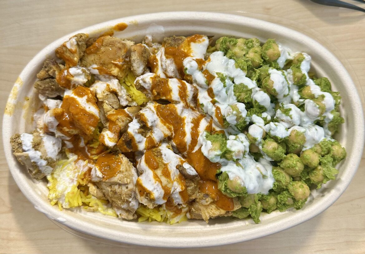 Moroccan chicken, yellow rice, jalapeño chickpeas, spicy harissa and white garlicky sauce