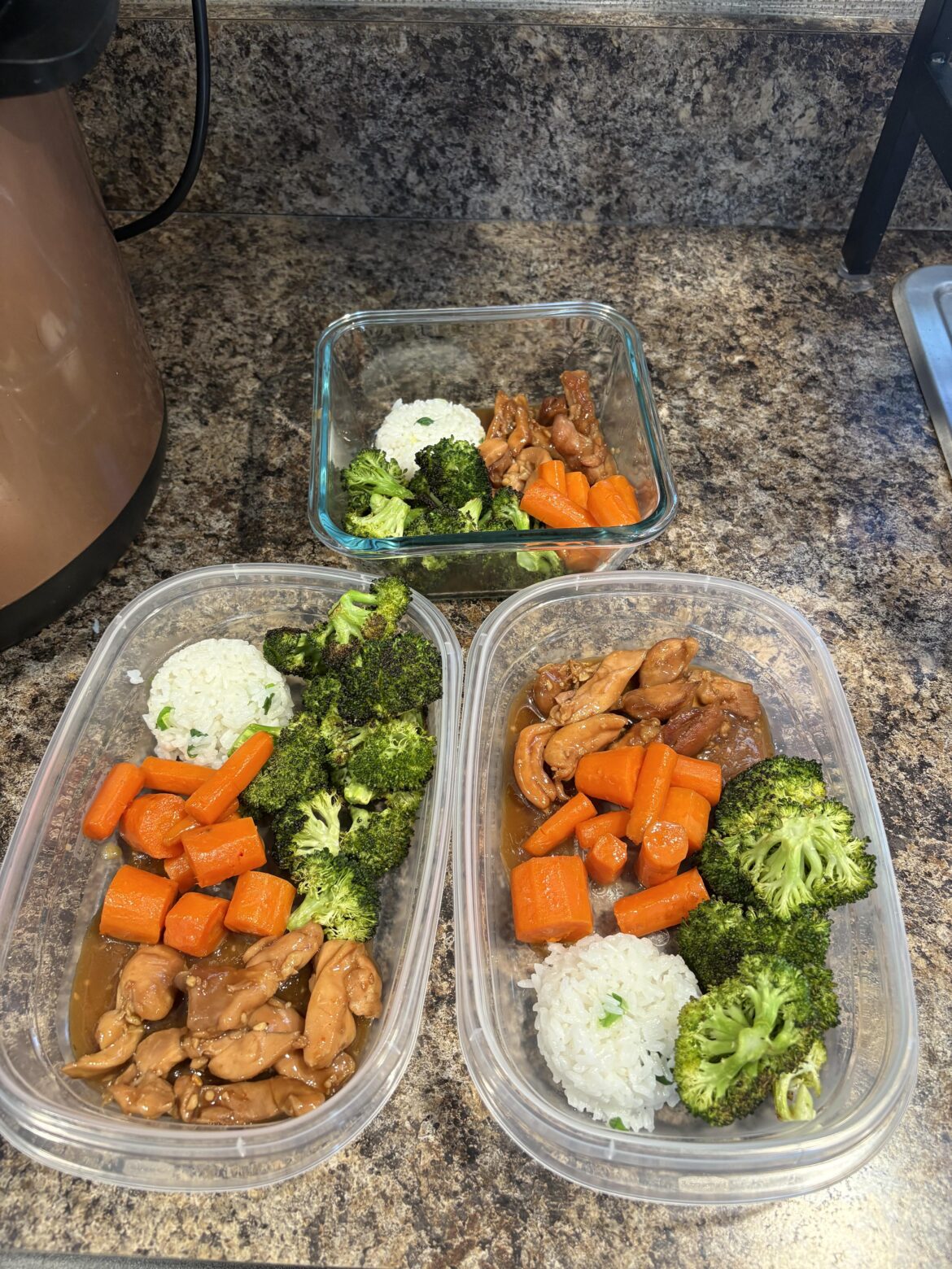 Chicken teriyaki, roasted garlic, scallion rice, and carrots with garlic honey butter