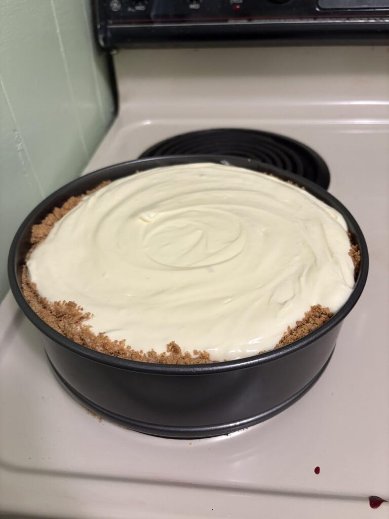 First cheesecake I’ve ever made. It cracked but I think it’s still okay! Will cut tomorrow