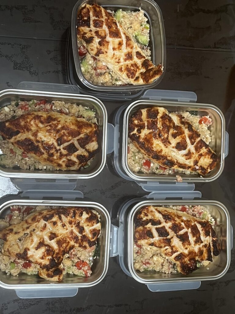 “yogurt spiced” chicken breast with quinoa chickpea salad, 521 cal 54g protein per serving