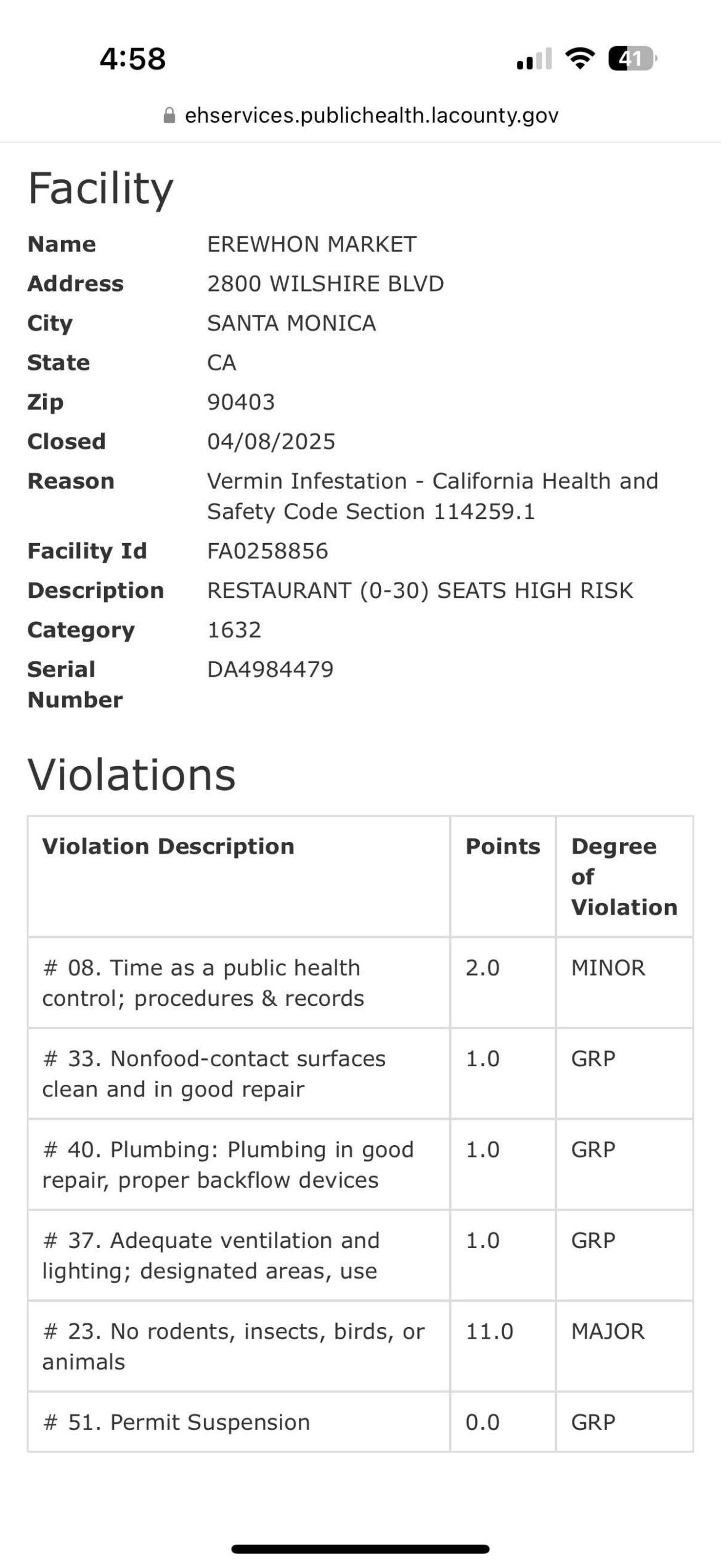 Erewhon SM closed by public health