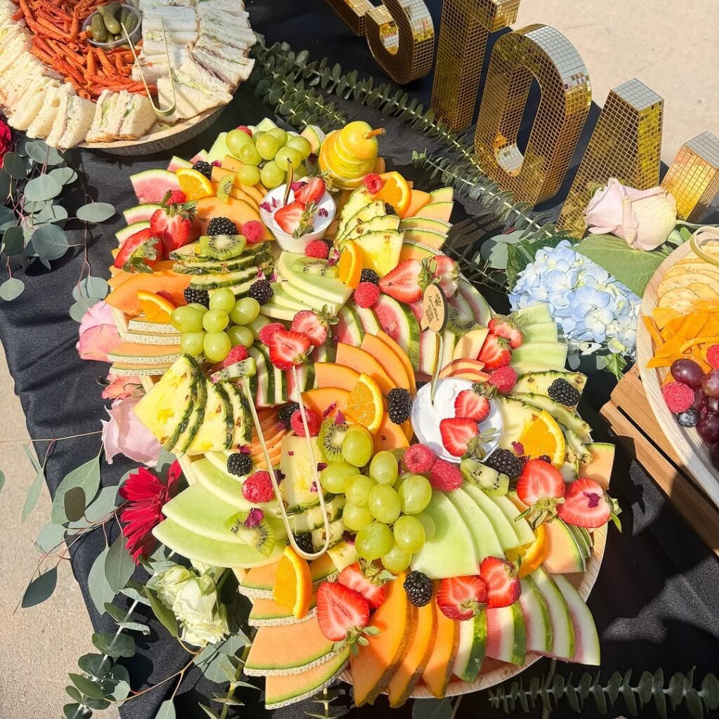 Gender Reveal Seasonal Fruit Platter and Sandwich Boards in LA