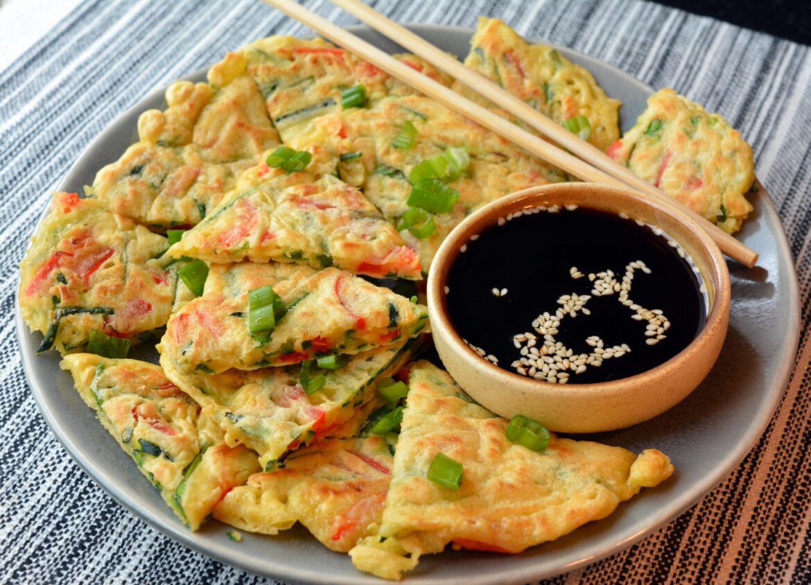 Korean inspired Just Egg pancakes with dipping sauce (239 cal, 16 g protein)