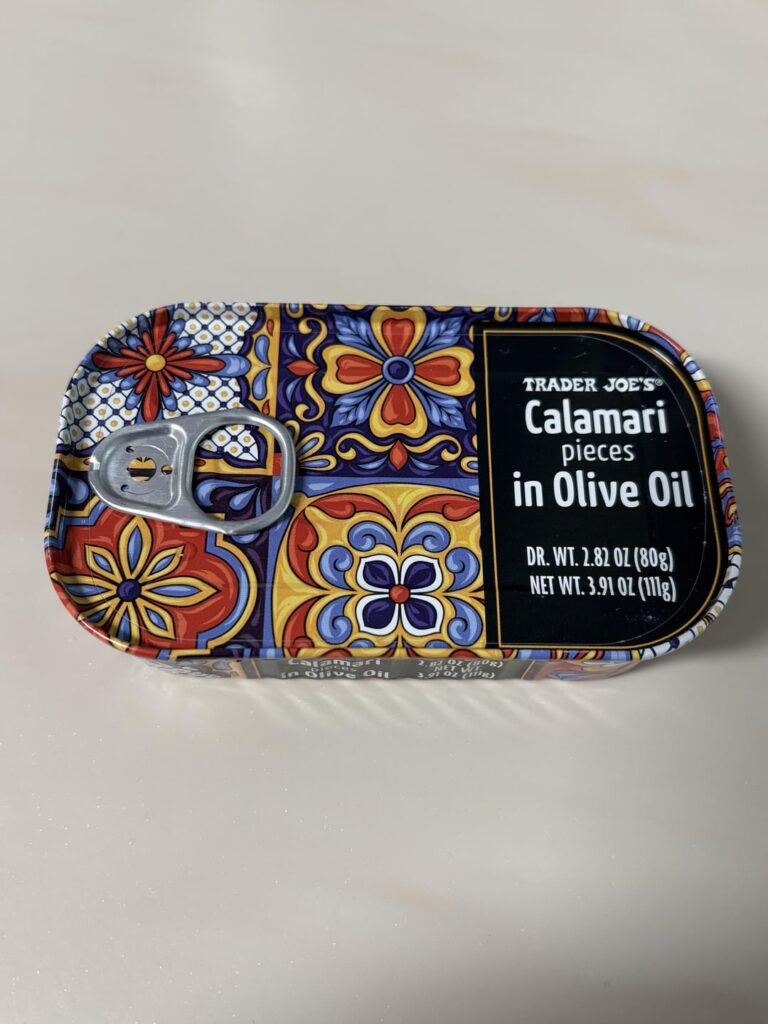 Trader Joe’s Calamari, marinated in Tin Oil Chimichurri with Tomatoes over Red & Brown Cargo Rice