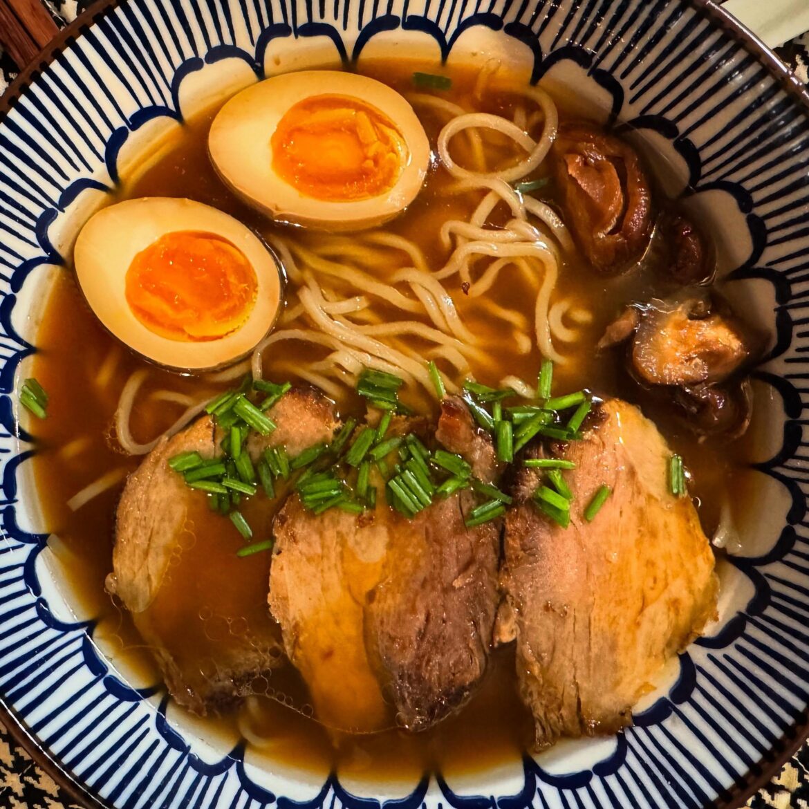 Tonight’s ramen: dashi/chicken broth with ajitama, pork shoulder chashu, shiitake mushrooms, and chives.