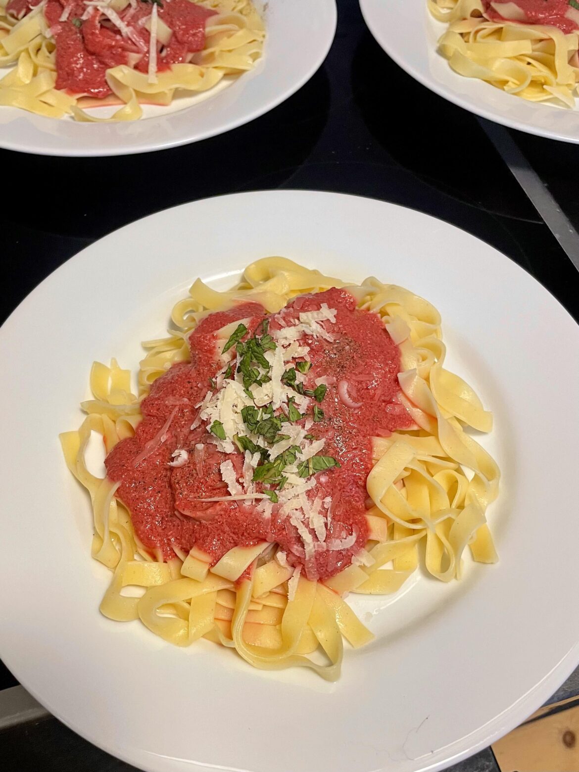 Tagliatelle with homemade beet and feta sauce
