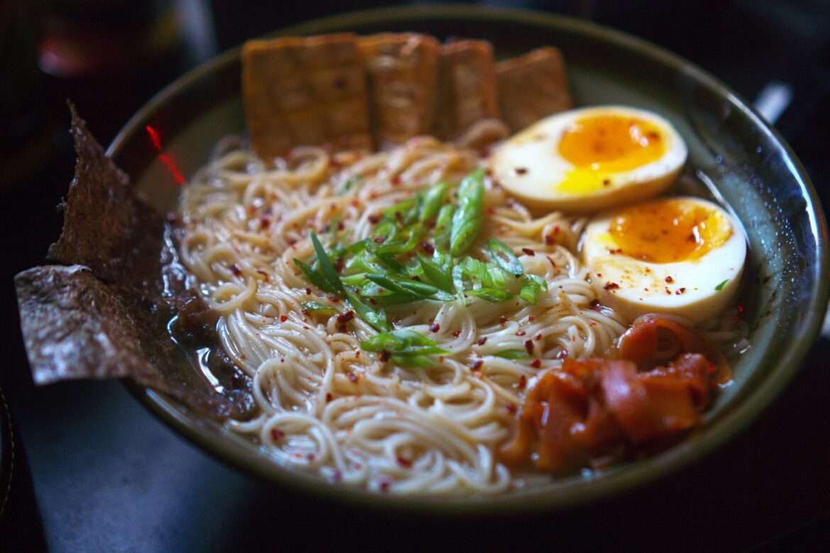 Vegetarian ramen with fried tofu and soy-glazed carrots.