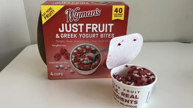 A box of the Wyman's fruit and greek yogurt bites