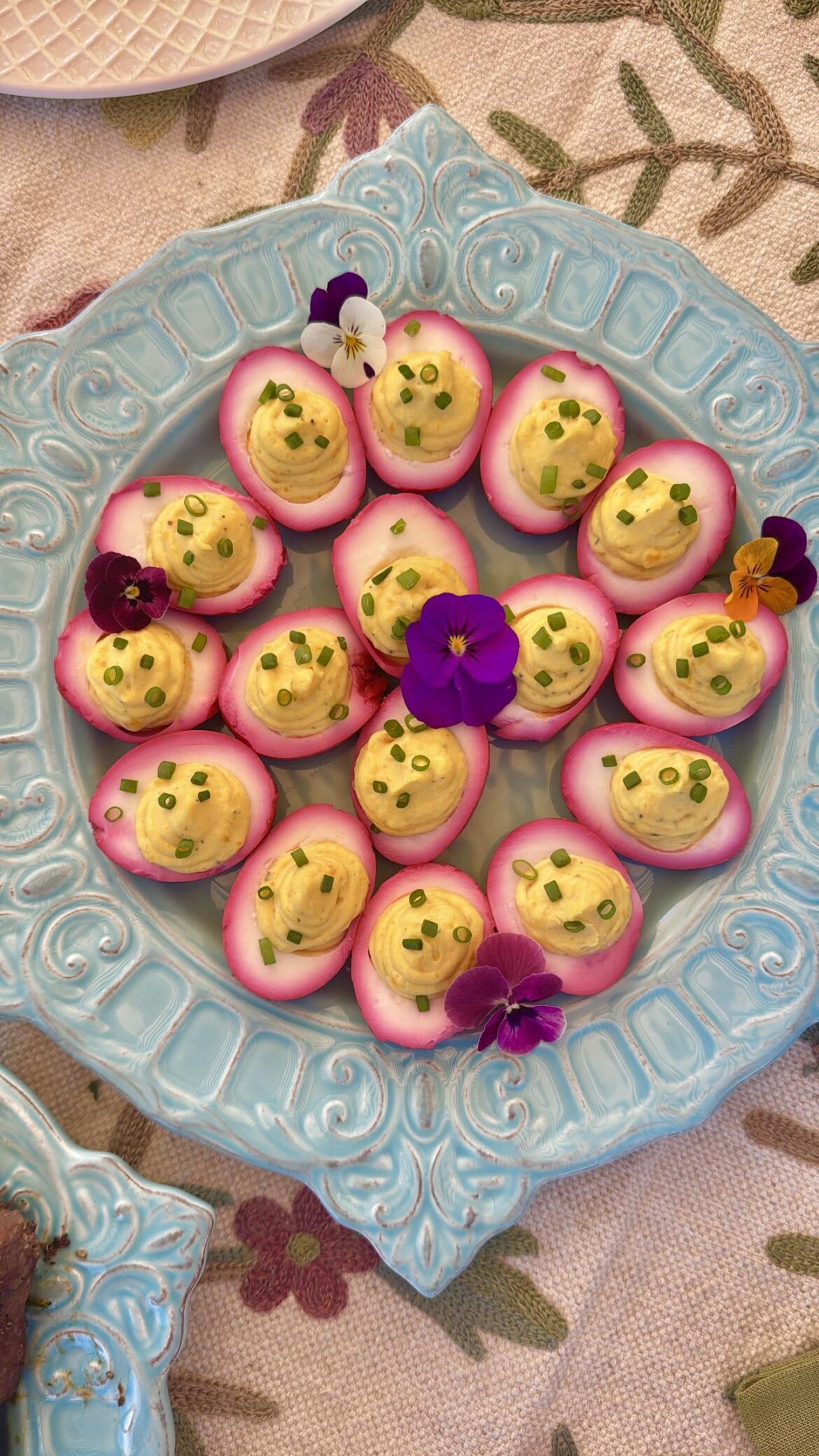 Pickled deviled eggs soaked overnight in beet juice