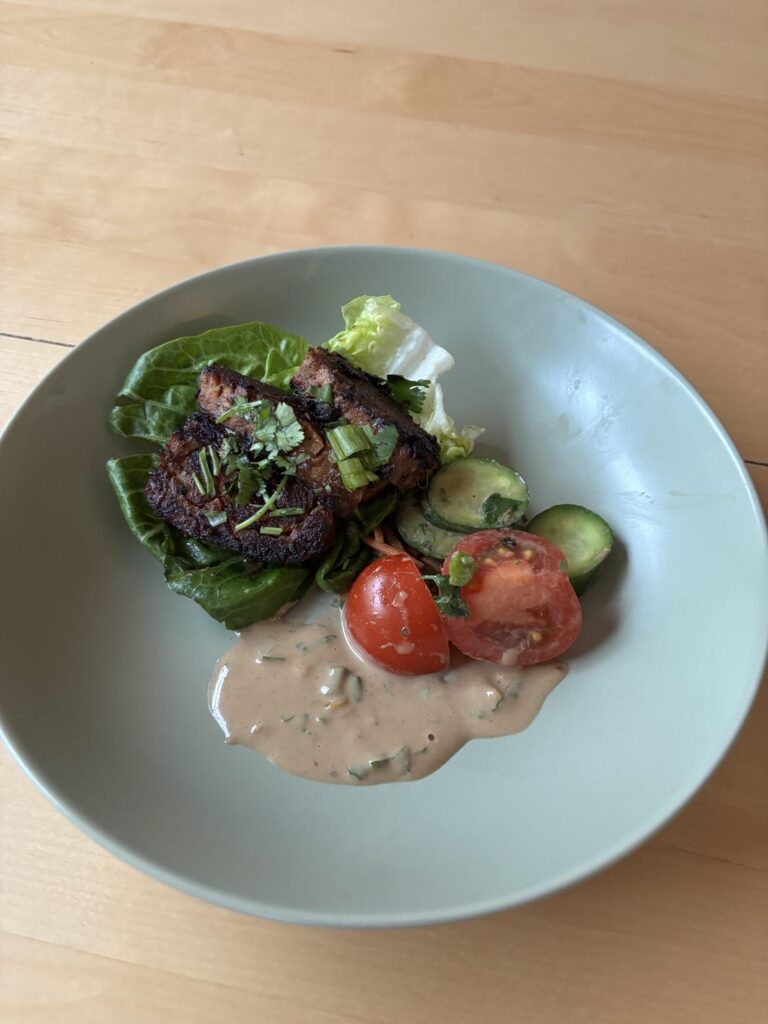 Vietnamese lemongrass vegan “pork” dish with roasted eggplant larb