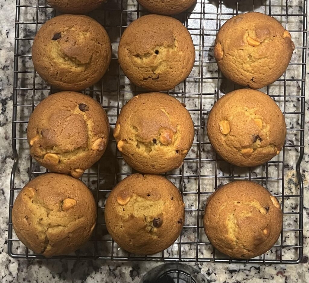 Pumpkin spice muffins with mini chocolate chips and pumpkin spice chips.