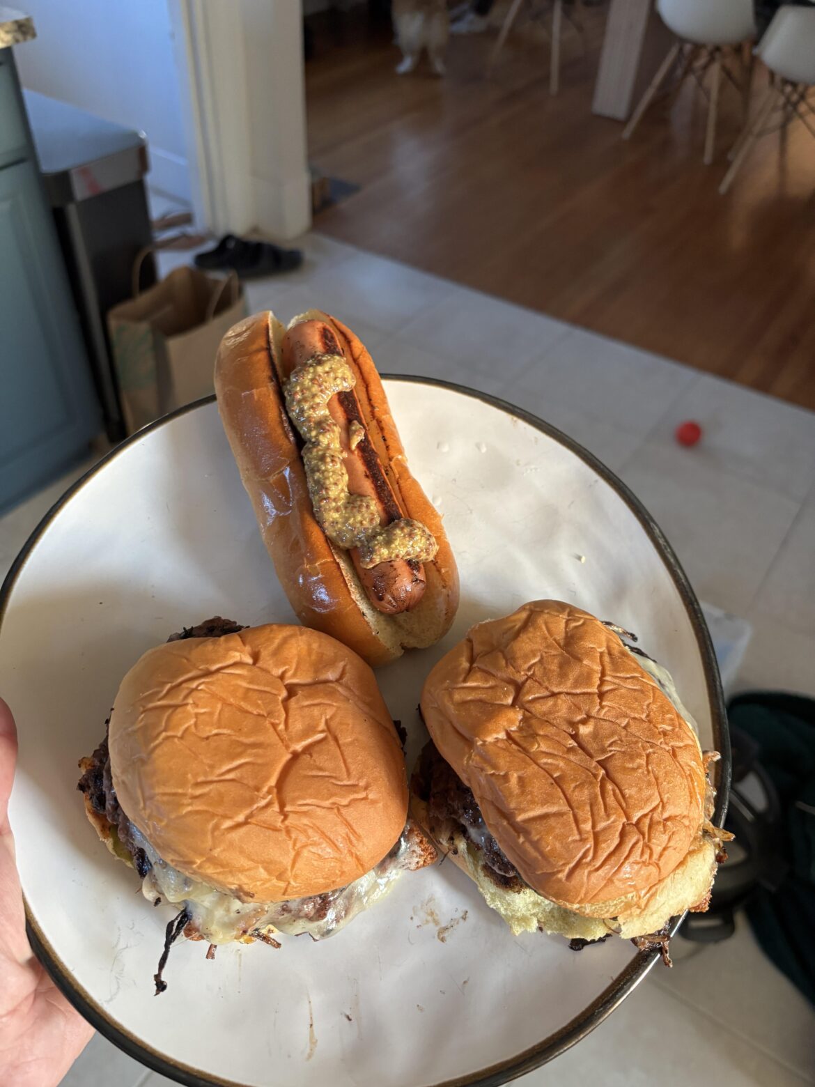 First grill of the year, 90/10 beef (don’t judge trying to eat a little healthier), onions, pickles, aged cheddar, potato rolls, and a hot dog. I hope you all enjoy my presentation