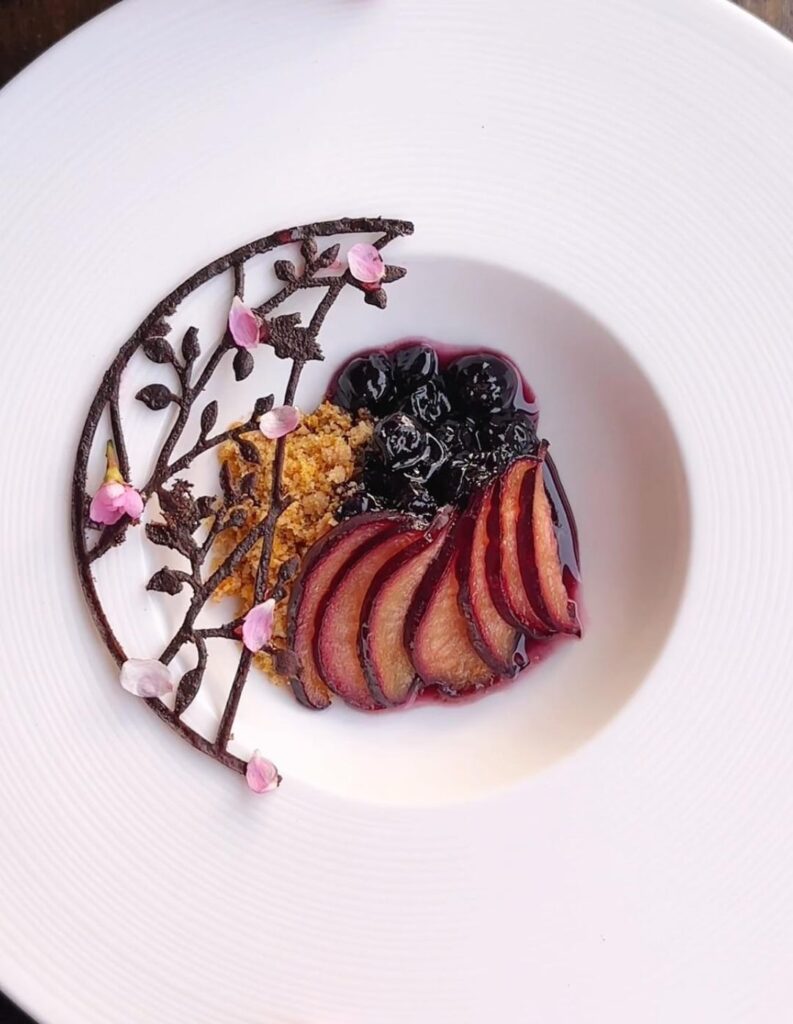 Cherry blossom, poached plums, chocolate