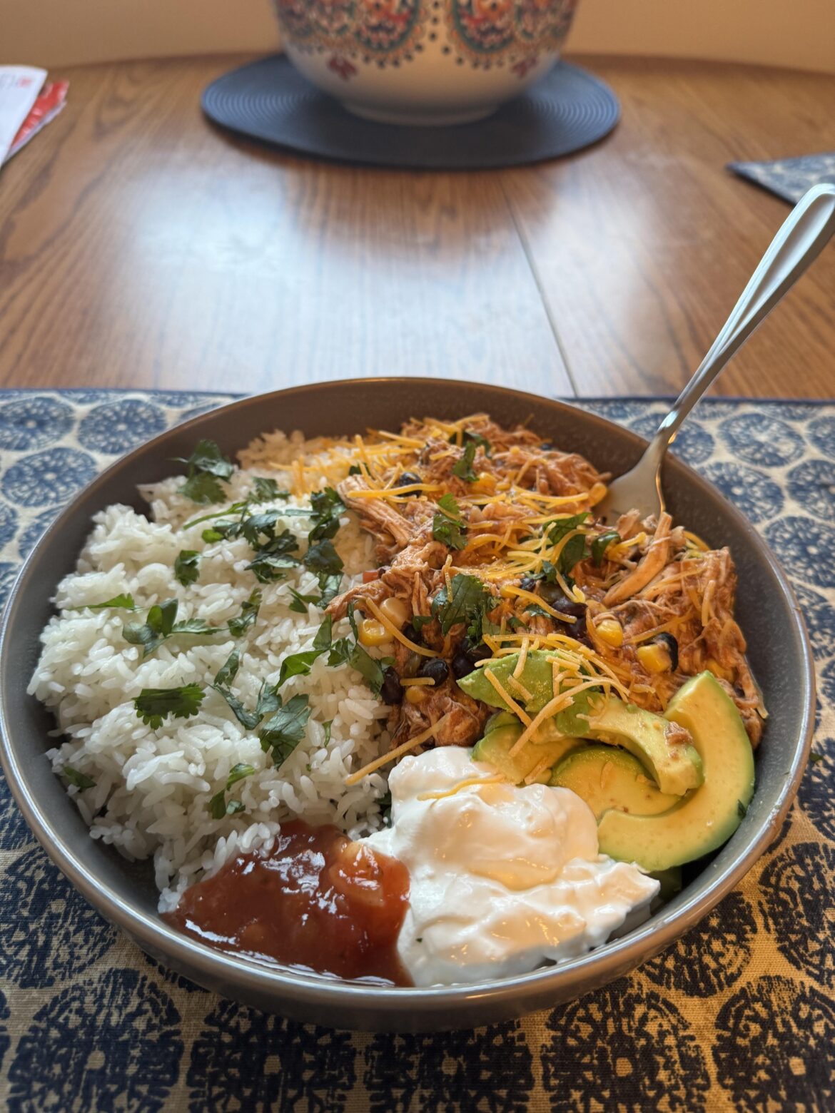 Salsa chicken bowl. First time with a fancy rice maker.