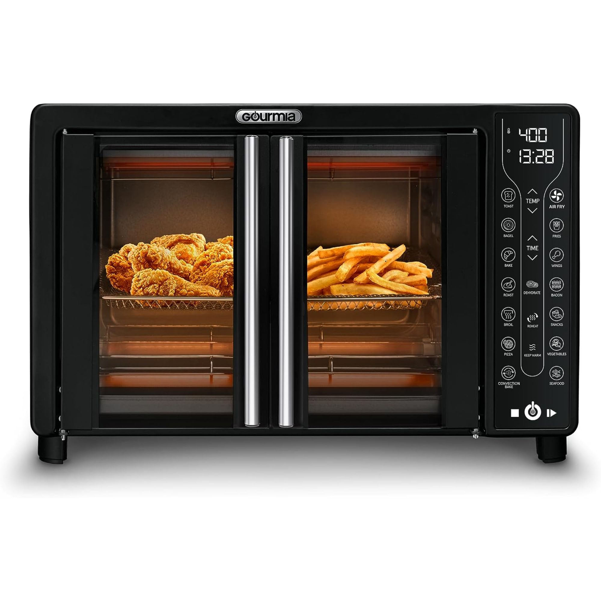 Gourmia French door air fryer against a white background.