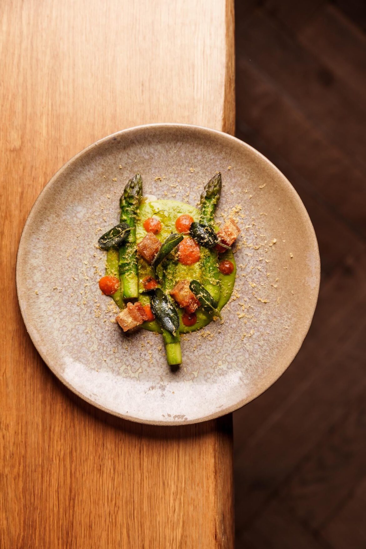 Asparagus, pork belly, cured egg yolk, tomato. Lovely lil springtime starter.