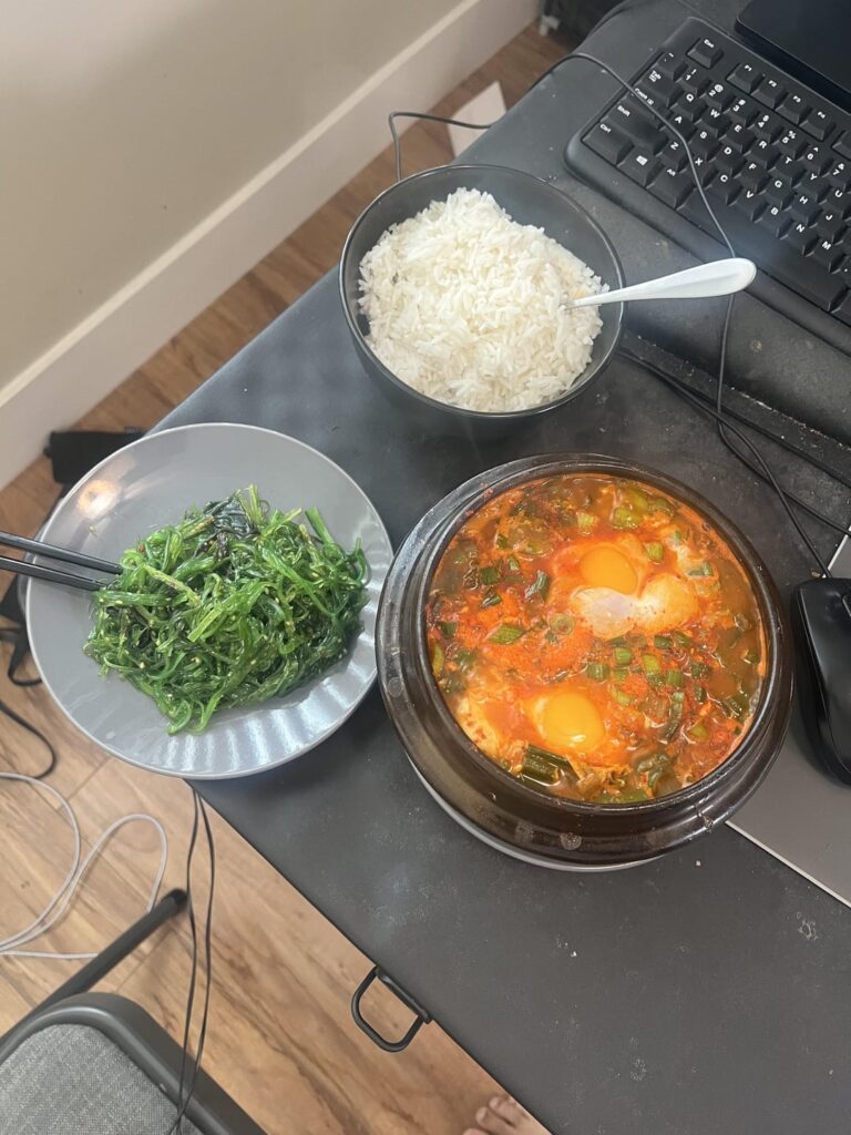 Was sick today so I made sundubu jiggae with shrimp and a seaweed banchan