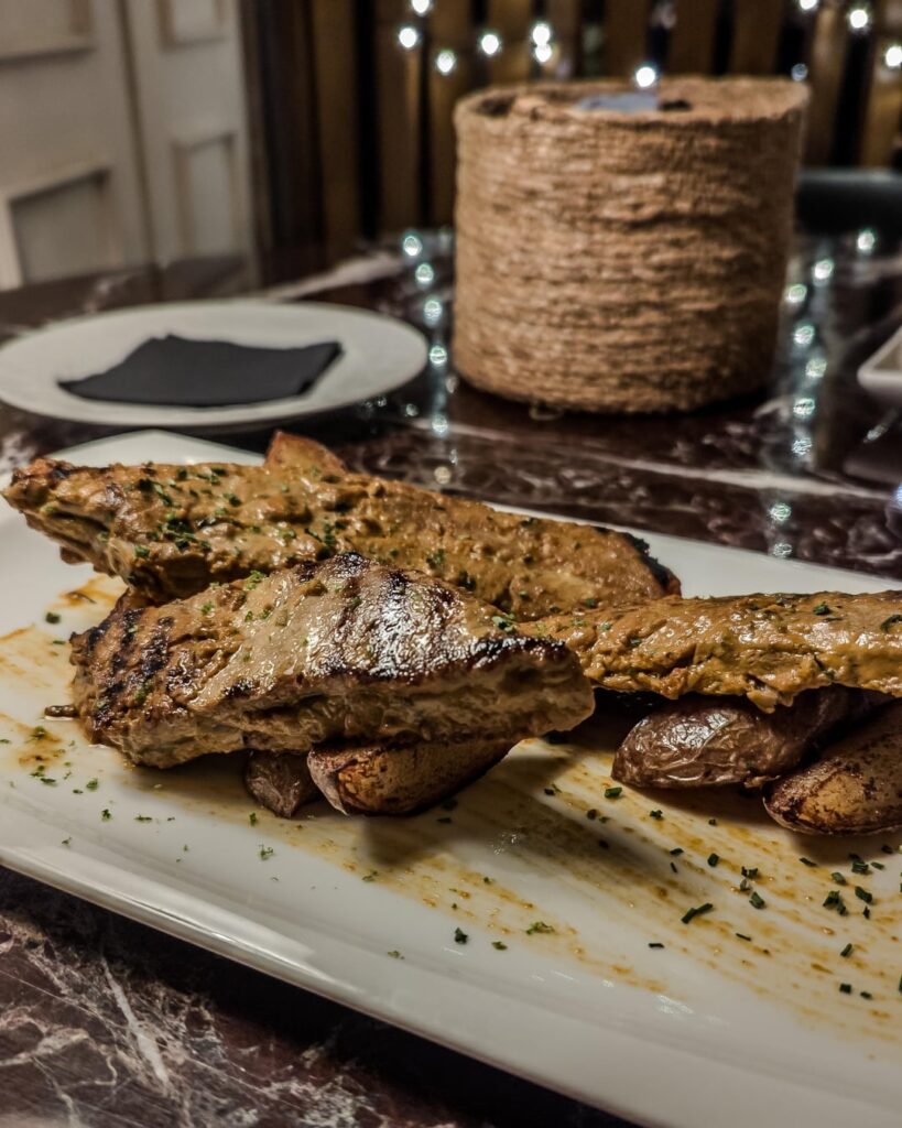 Grilled tuna ribs with barbacoa rub (yes, they look like meat, but it is fish) and ajoblanco