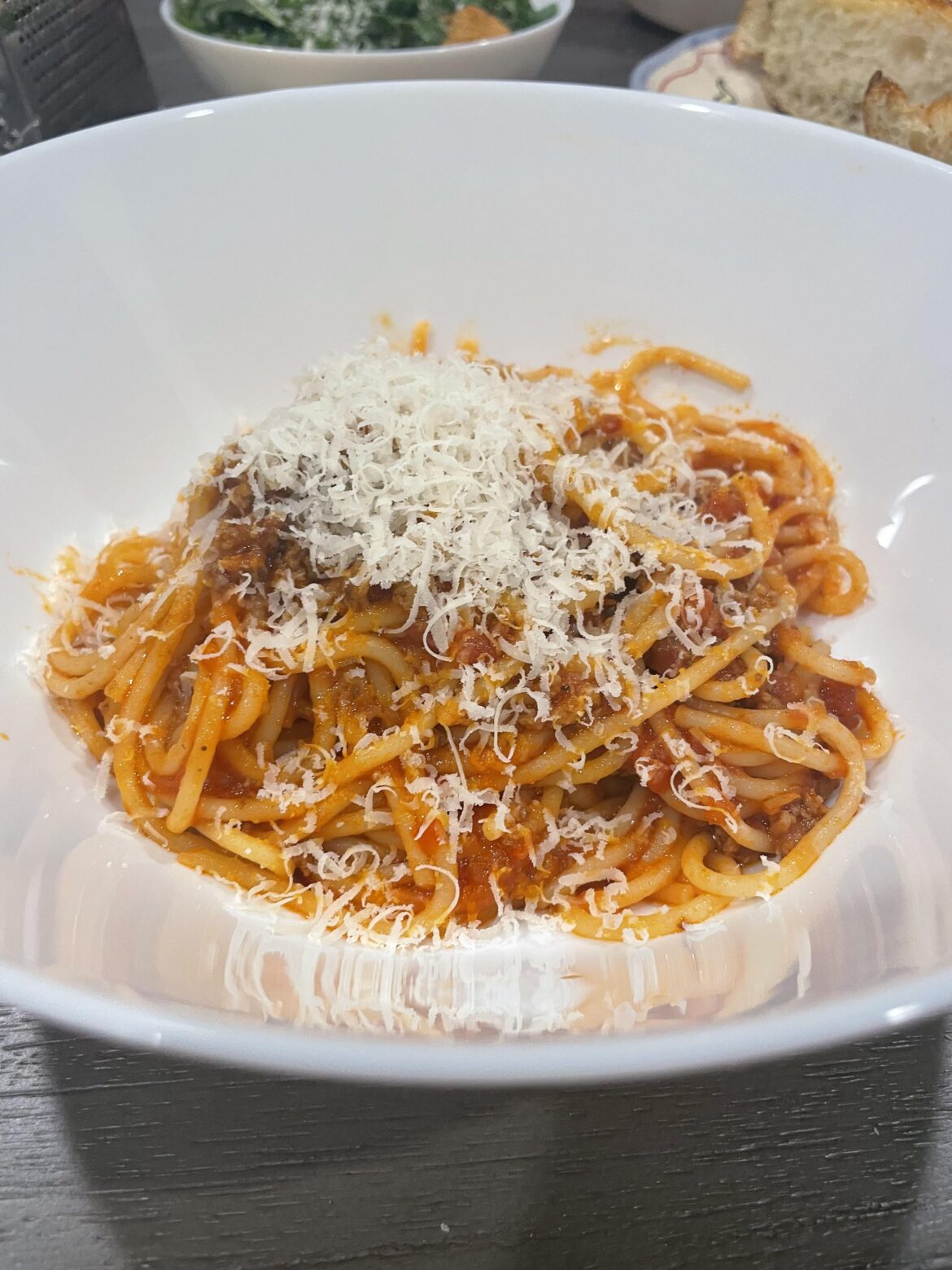 Spaghetti with meat sauce and Parmesan