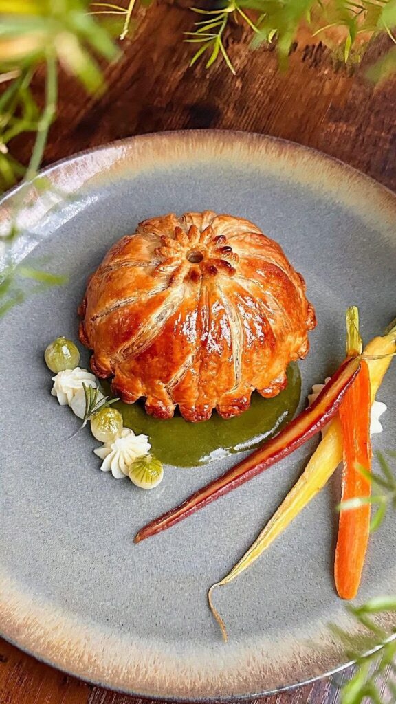 Pithivier, pearl onion, rainbow carrots Pithivier, pearl onion, rainbow carrots