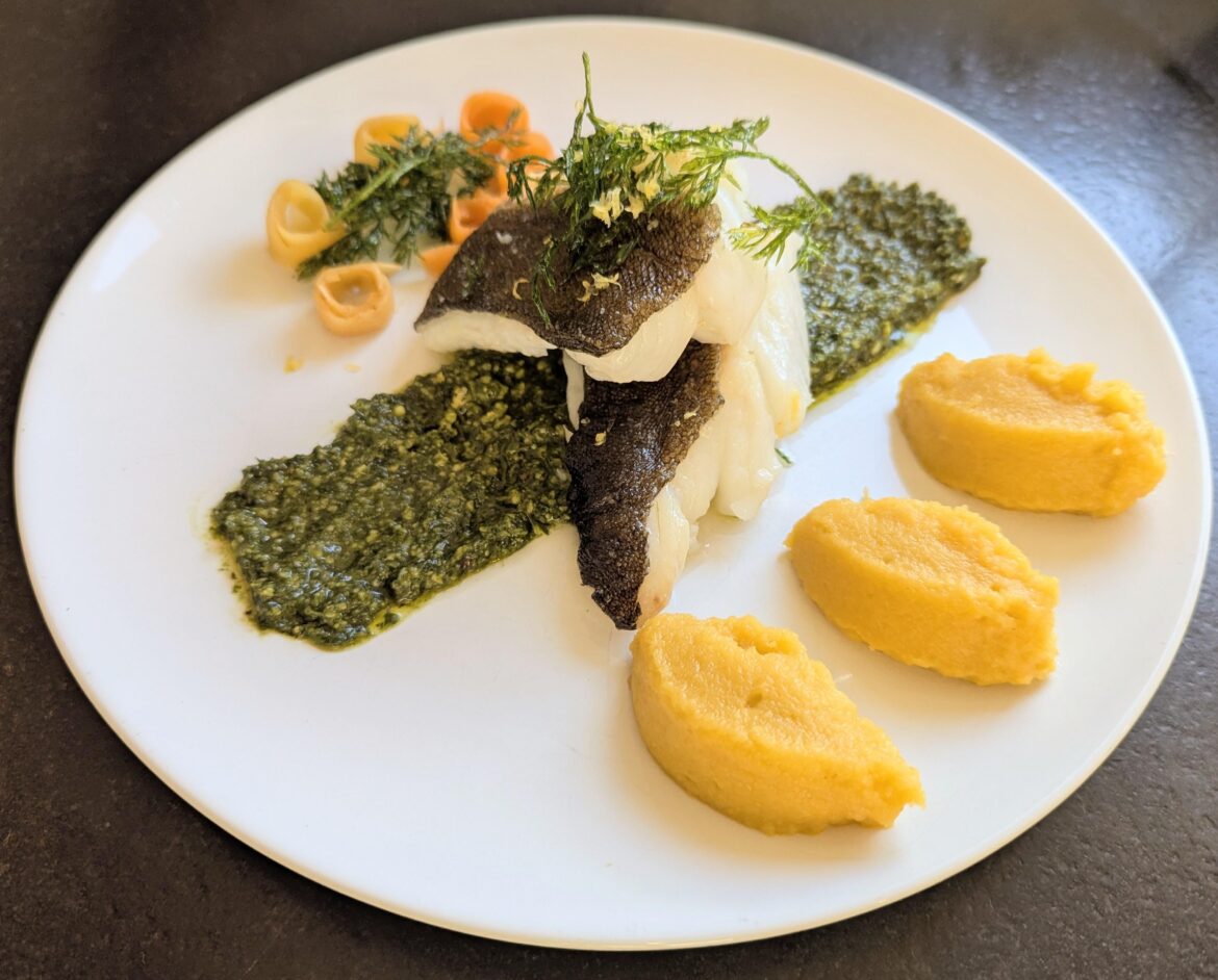 Cod and zero waste challenge for the carrots, yellow carrot puree with lemon, peel pickles, leaf pesto and fried leaves.