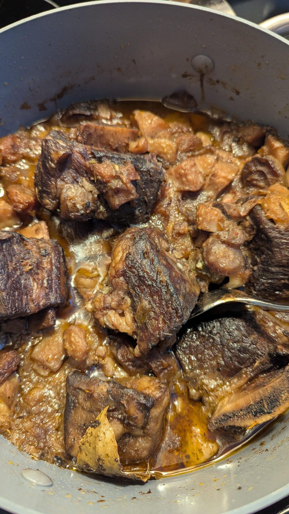 Braised grass-fed beef short ribs. Still dwelling wether to side it with rice or polenta :)