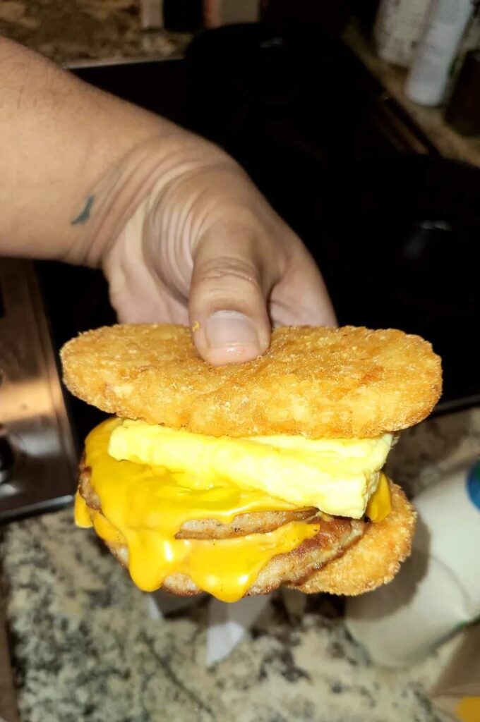Sausage, egg & cheese between two crispy hashbrowns