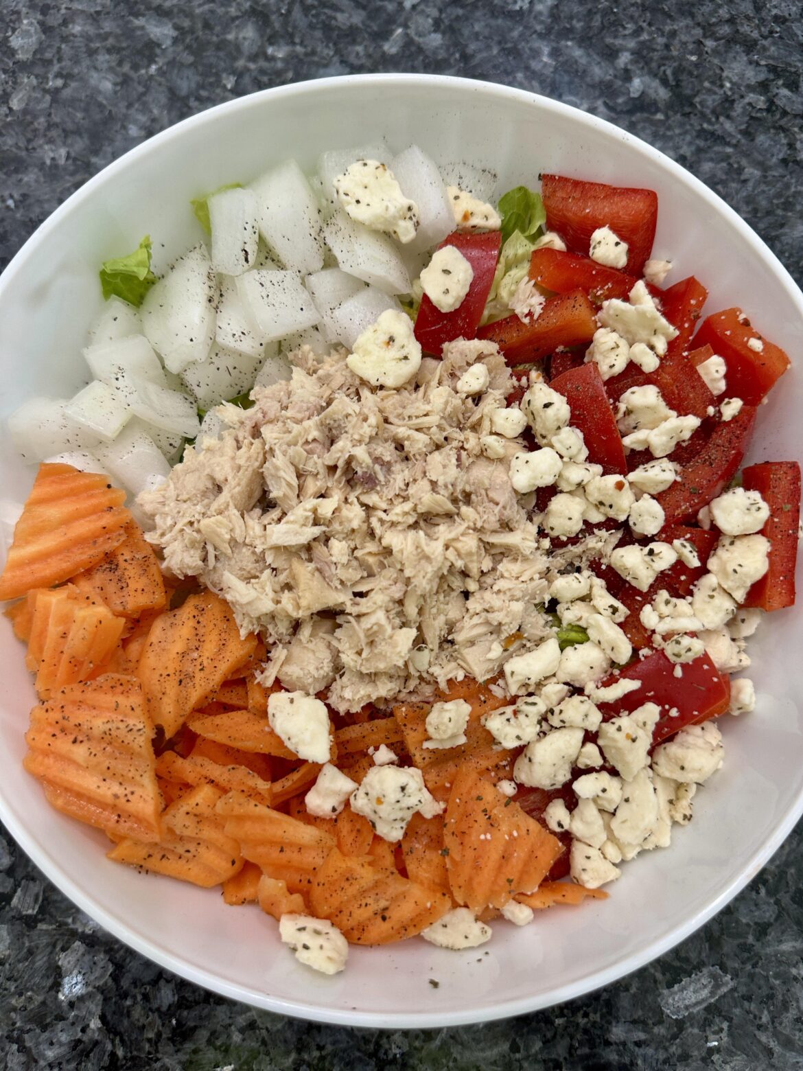 Dressing hiding under tuna