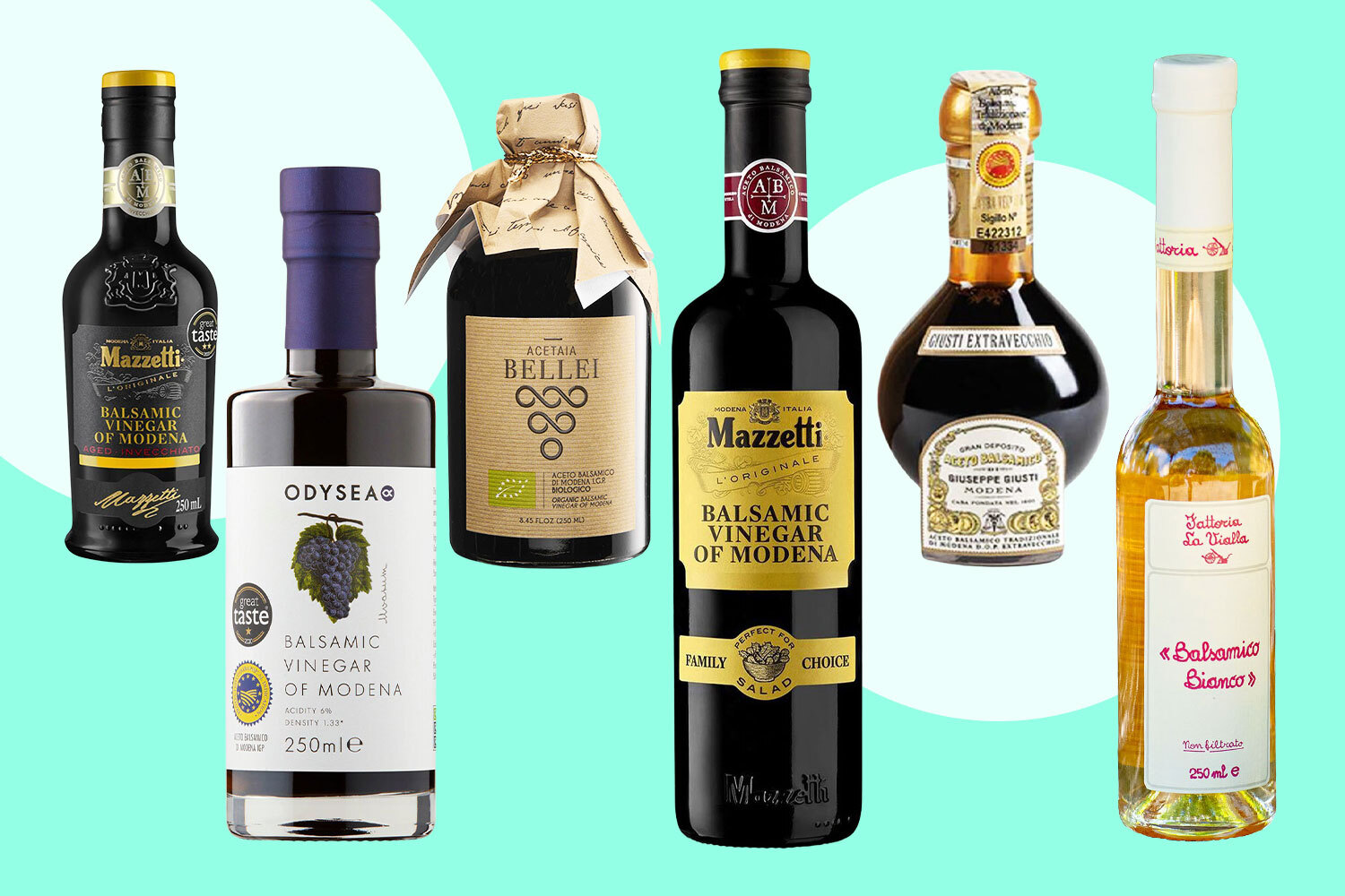 Collage of balsamic vinegar bottles.
