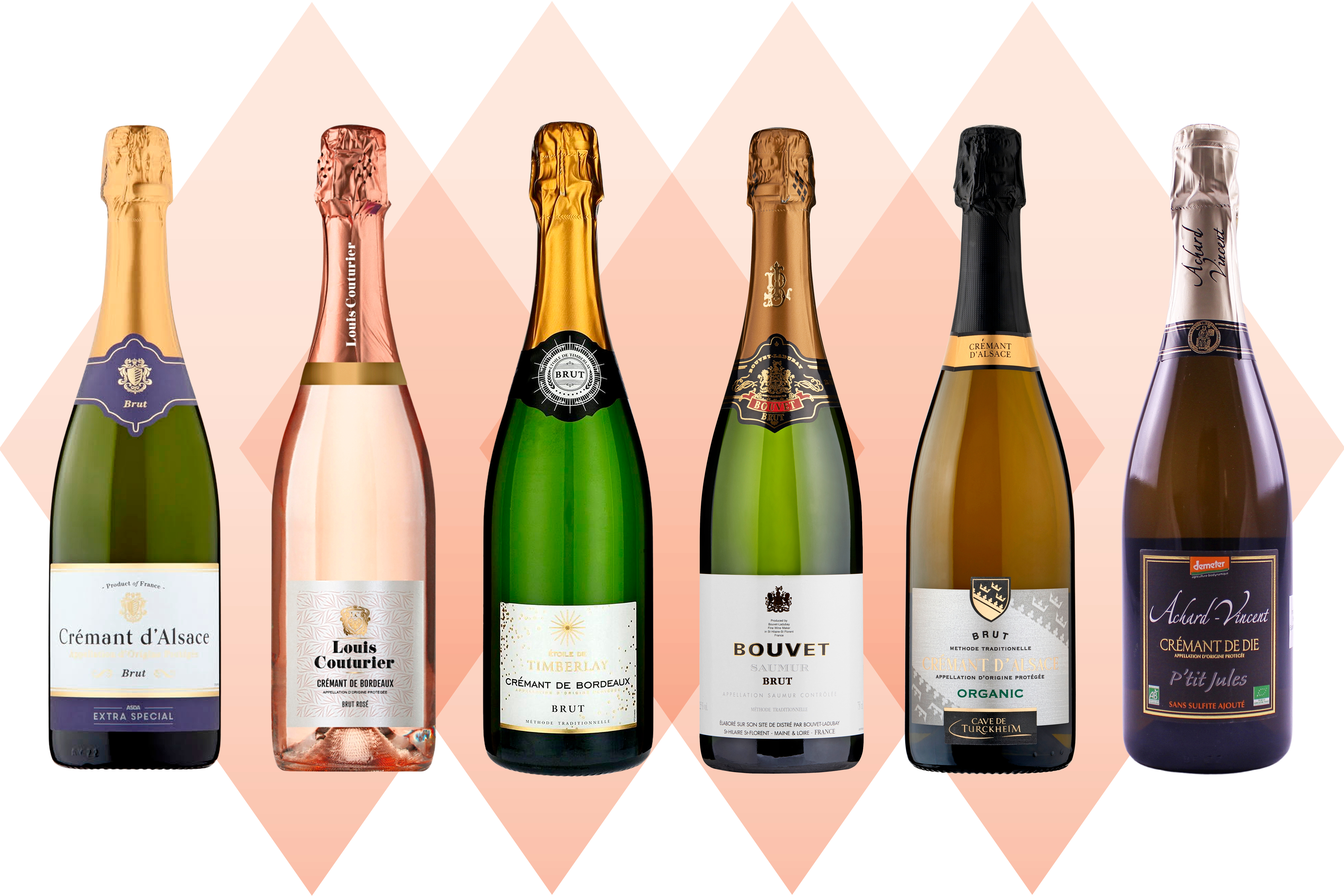 Collage of six bottles of Crémant sparkling wine.