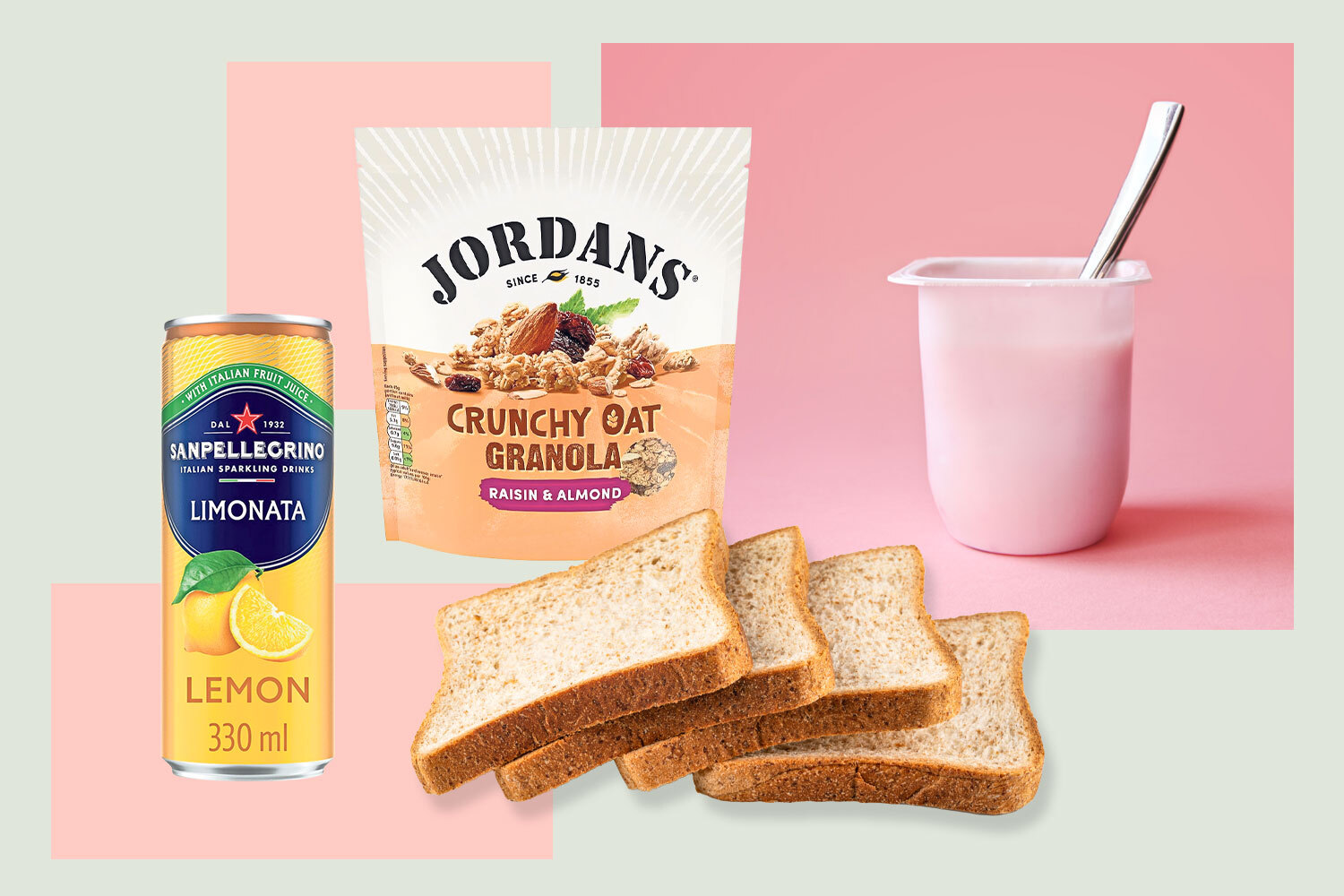 Collage of breakfast foods: granola, yogurt, toast, and lemon soda.