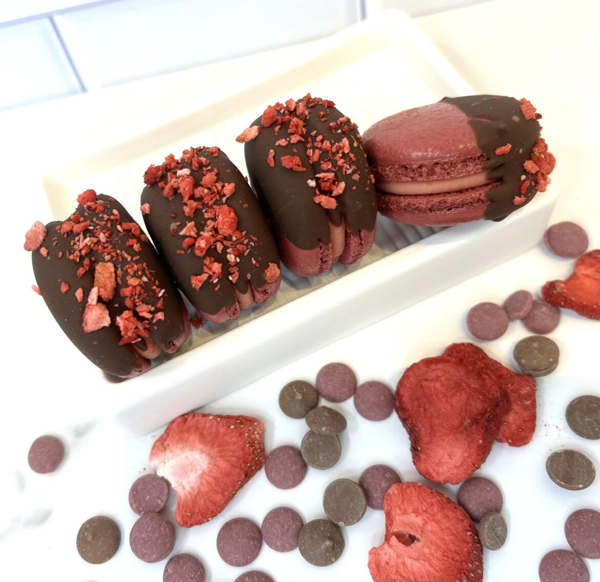 Strawberry Nutella Dipped Macarons by me