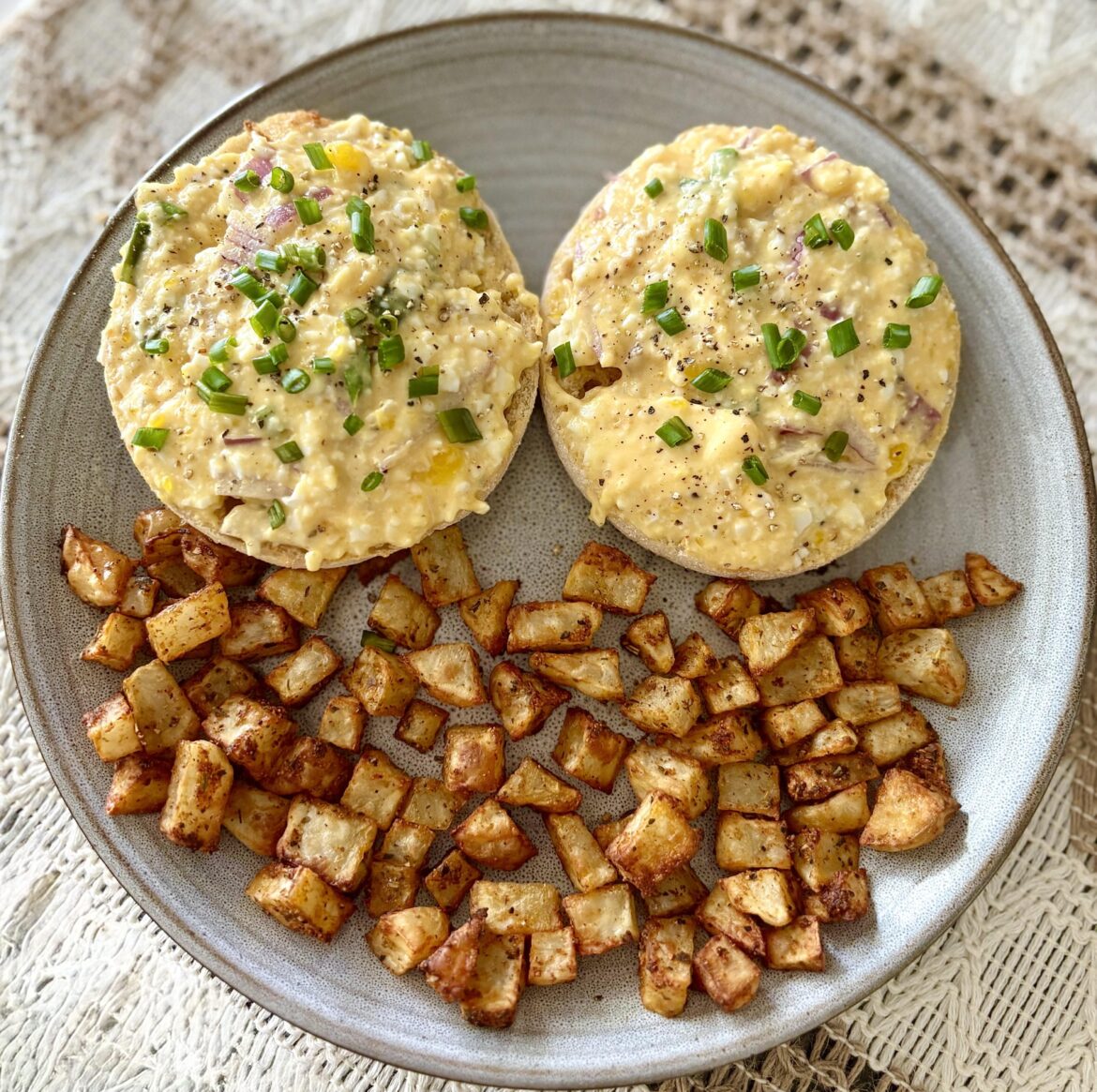 egg salad on a regular old sourdough english muffin with potatoes for 340 cals!