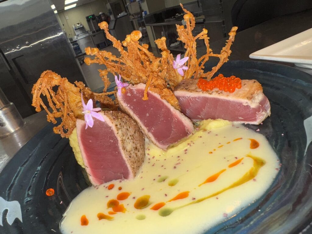 Ahi tuna wasabi nori mash. Crispy enoki mushroom beurre blac
