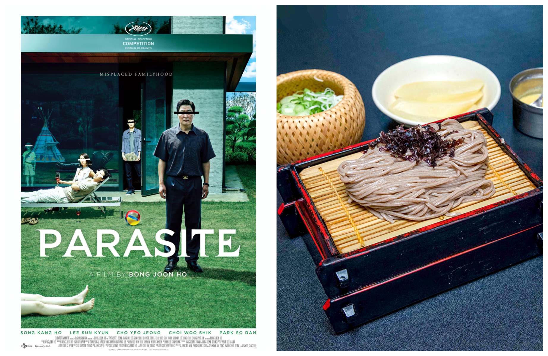 The feature film Parasite (2019), a Palme d'Or winner at Cannes, paired with a box of signature buckwheat noodles at Yurimmyeon restaurant in Seoul, South Korea. © Left: BFA / Alamy Stock Photo. Right: Yurimmyeon