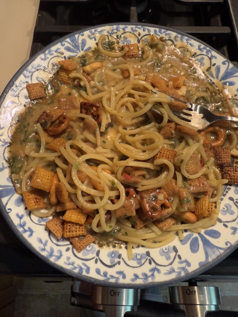 Garlicky pasta from Trader Joes bulked up with chex mix. I really have to go grocery shopping