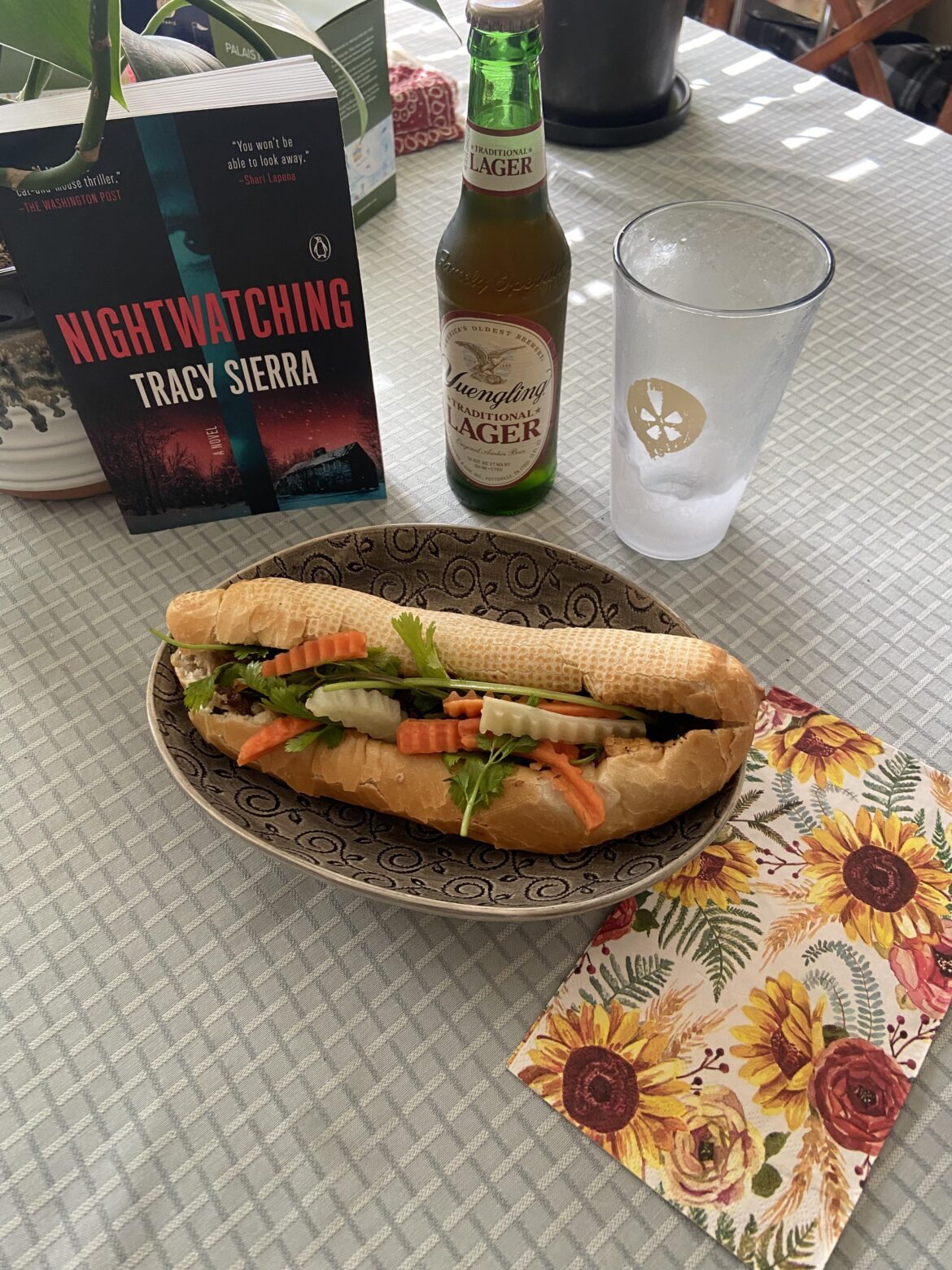 Vietnamese Banh Mi accompanied by a frosty Yuengling - good eats for a sunny Saturday afternoon.