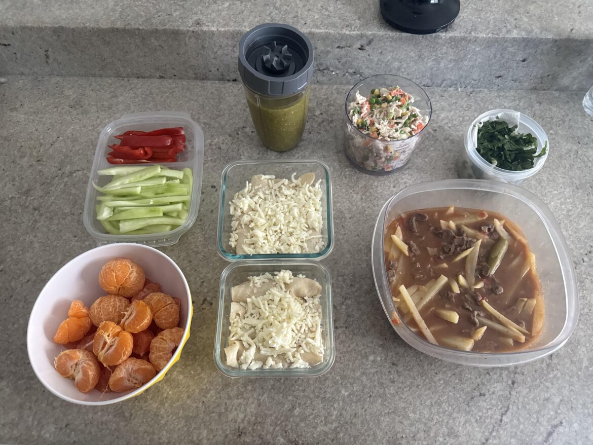 Green Enchiladas, Bistec with Potatoes, Chicken Salad and Fruit