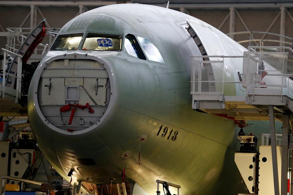 An Airbus A330 is pictured on its final assembly line at Airbus headquarters in Colomiers, near Toulouse, France. The company has already warned that if tariffs impact imports, the company would prioritize non-U.S. customers. (REUTERS)