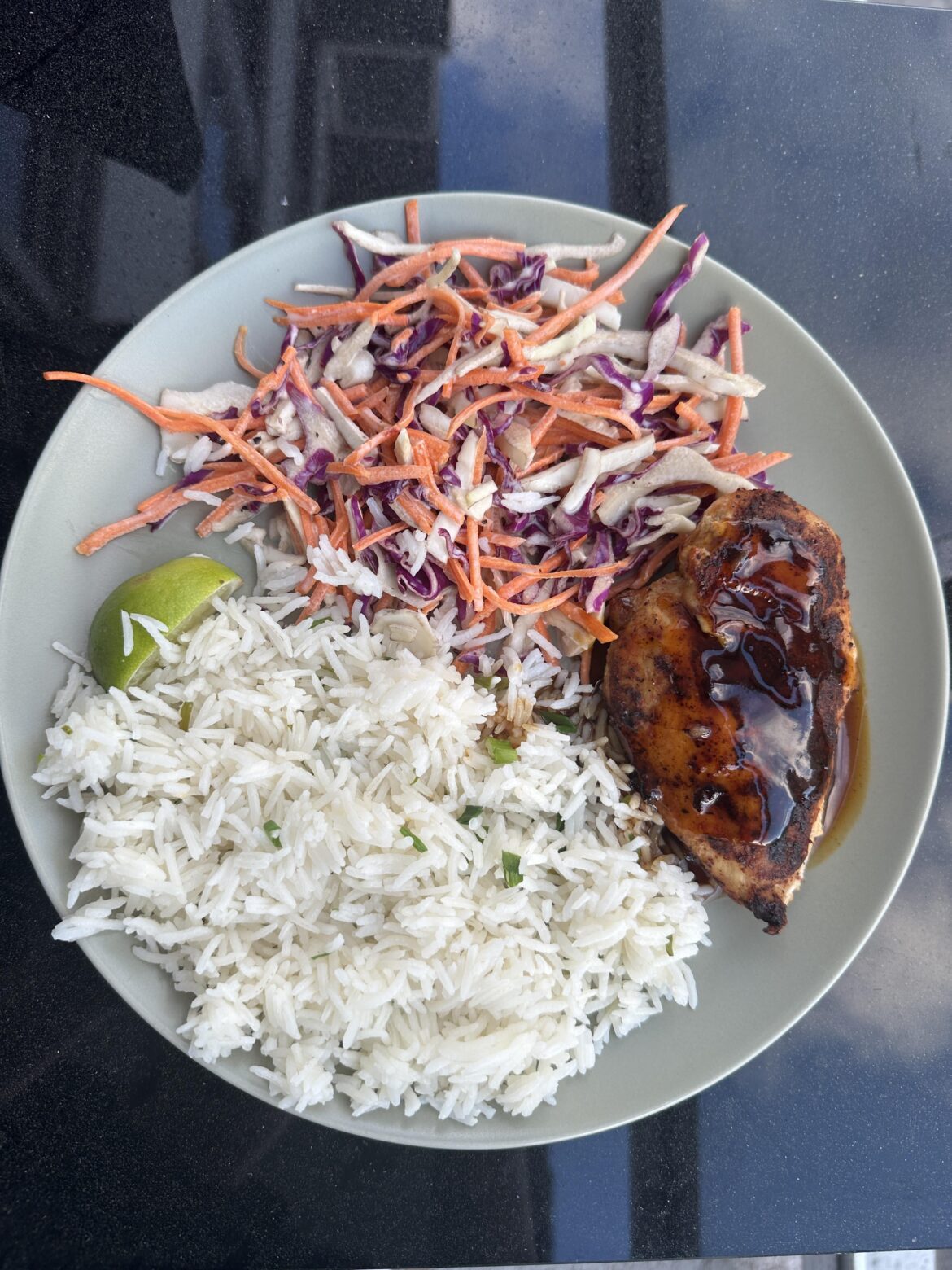 Caribbean-Style Mango Glazed Chicken with Creamy Coleslaw and Green Onion Lime Rice