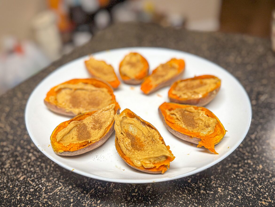 Protein Peanut butter stuffed sweet potatoes. 74g of protein