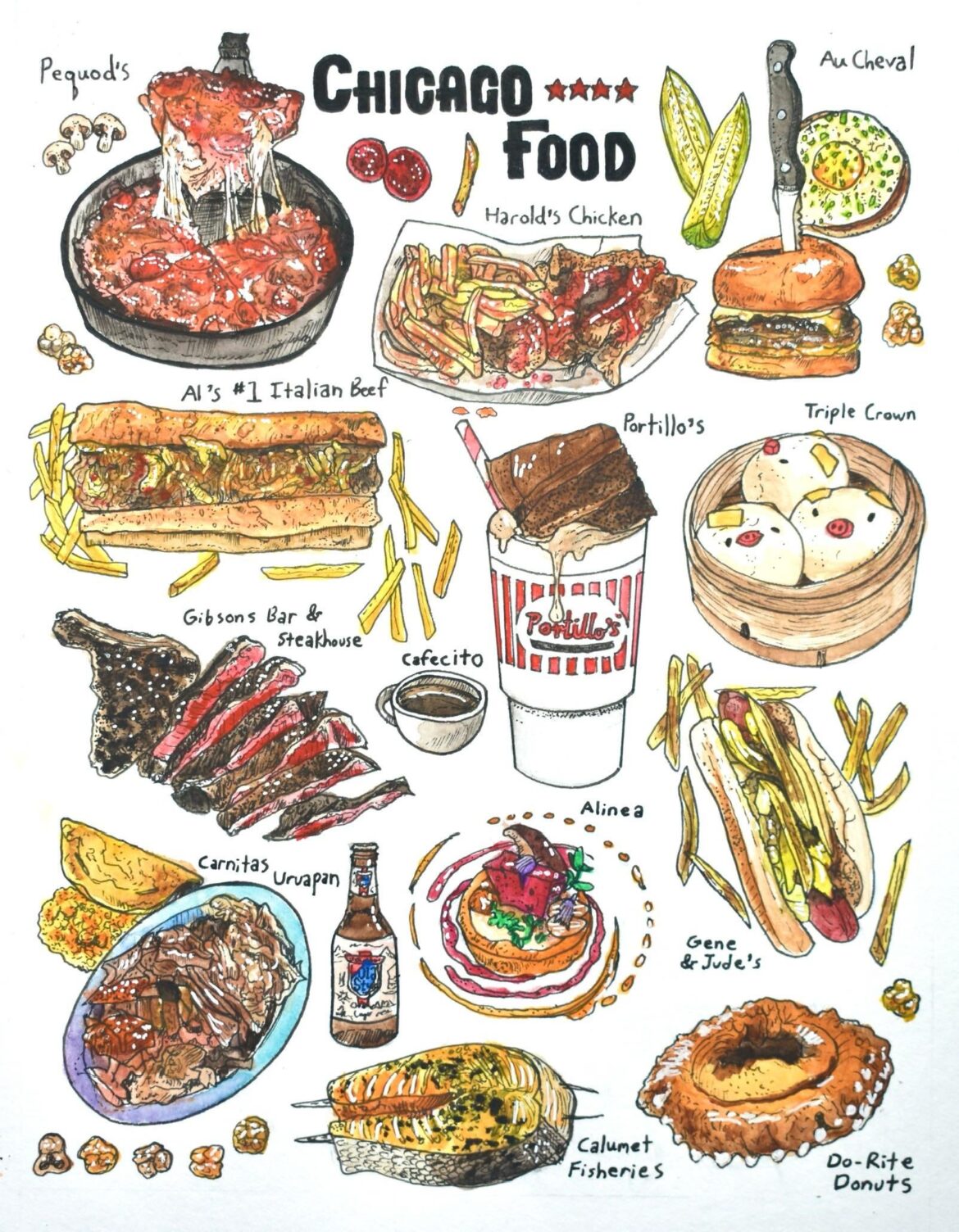 I’ve been drawing collections of foods from cities I’ve lived in — Chicago has a special place in my heart.