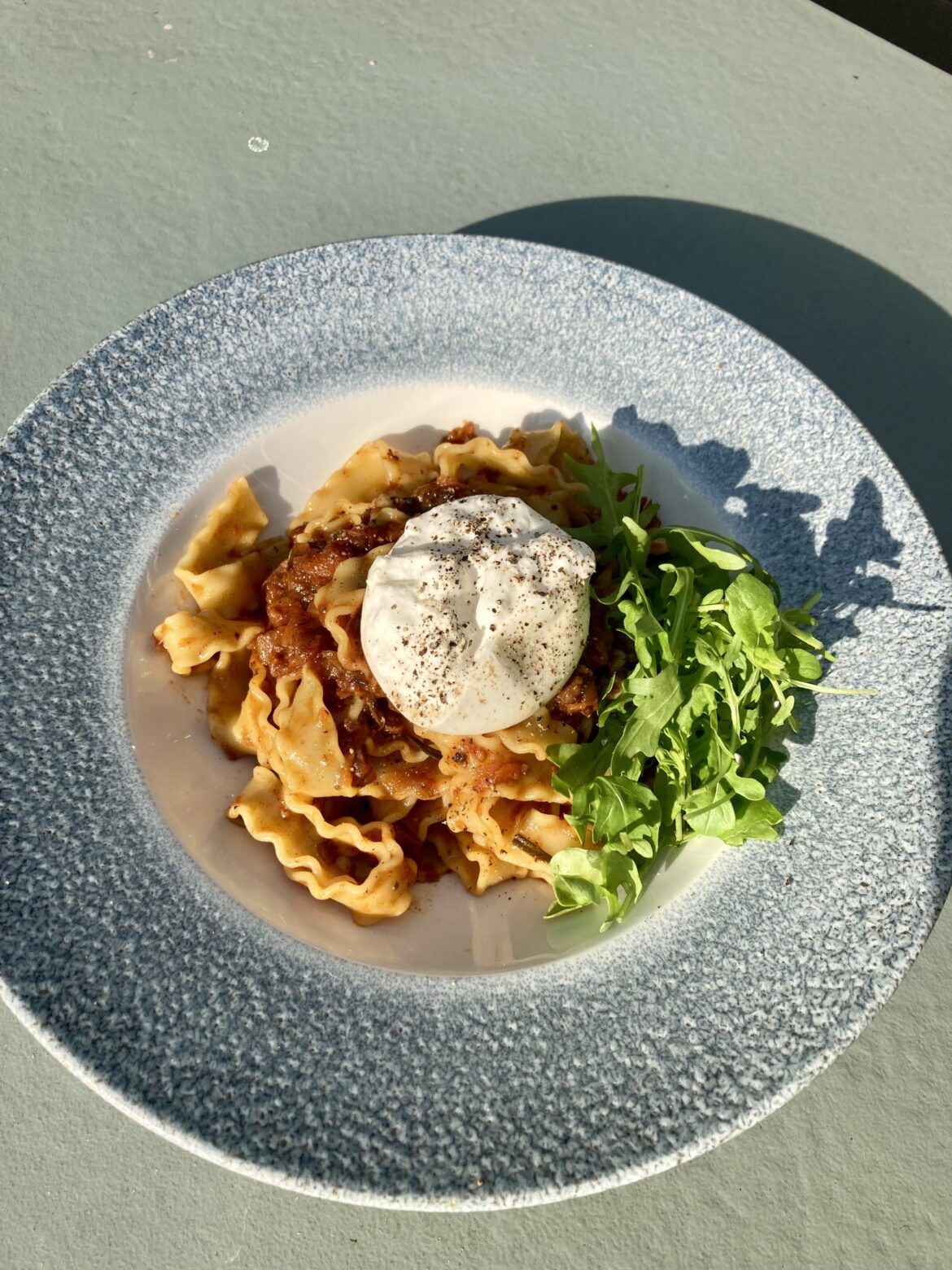 [OC] Mafaldine with ragù and burrata