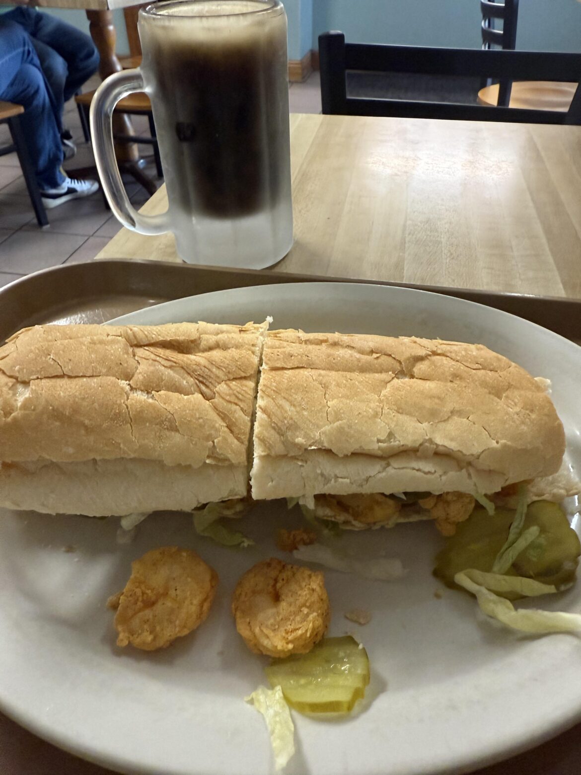 Shrimp po-boy and frozen root beer at the Frostop in LaPlace, LA